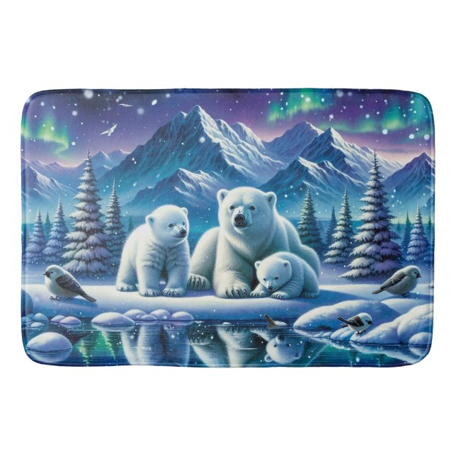 Alfombrilla De Baño Pintura de escena nevada de la familia del oso pol (Anverso)