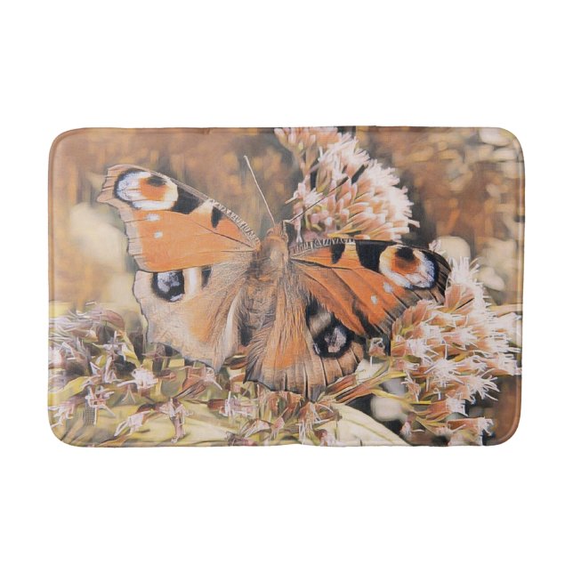 Alfombrilla De Baño Pintura de una mariposa naranja sobre flores mamáe (Anverso)