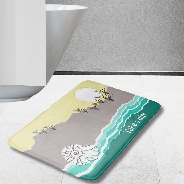Alfombrilla De Baño Playa de conchas turquesa amarillo moderno atardec (Modern Sunset Beach Shell Turquoise Yellow Sand Bath Mat)