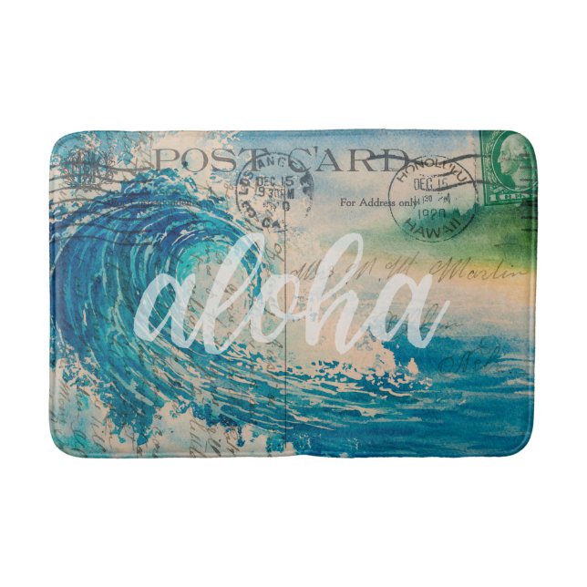 Alfombrilla De Baño Postal de onda hawaiana vintage (Anverso)