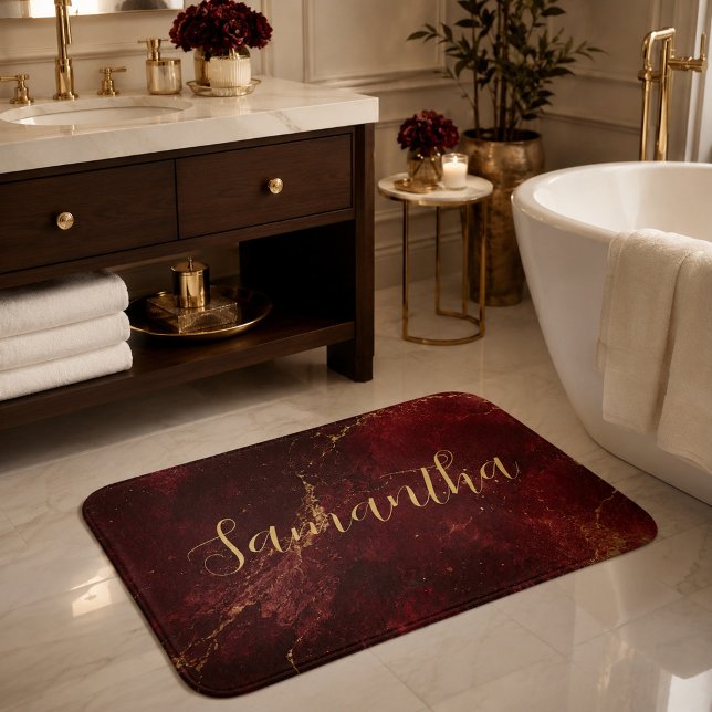 Alfombrilla De Baño Precioso Mármol Borgoña Dorado Script  (Subido por el creador)