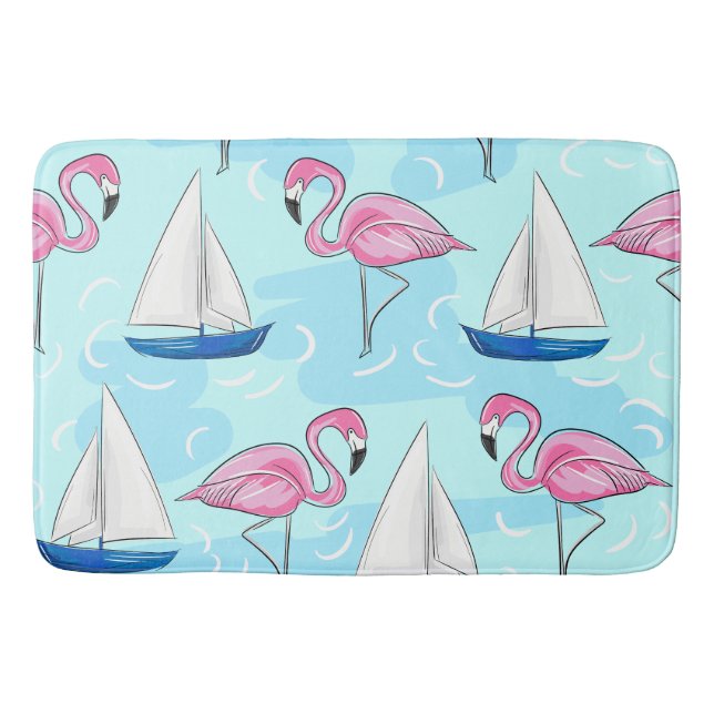 Alfombrilla De Baño Preppy de barco de vela azul Flamingo rosa (Anverso)