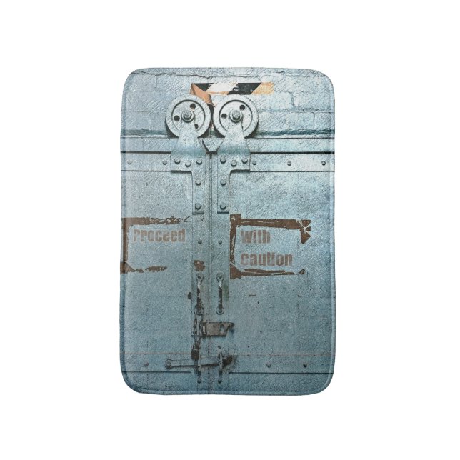 Alfombrilla De Baño Proceder con cautela puerta industrial gris azul (Frente vertical)