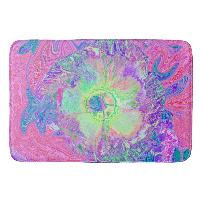 Alfombrilla De Baño Psicodélico Trippy Lime Green y Púrpura Hibiscus (Anverso)