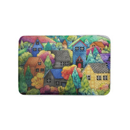 Alfombrilla De Baño Pueblo Acuarela De La Colina Con Casas Coloridas