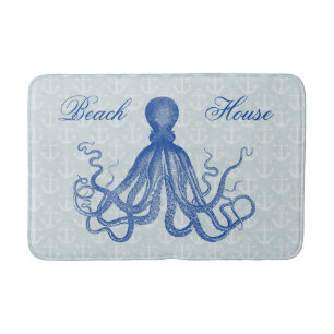 Alfombrilla De Baño Pulpo azul del vintage con la casa de playa de las
