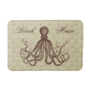 Alfombrilla De Baño Pulpo de Brown del vintage con la casa de playa de