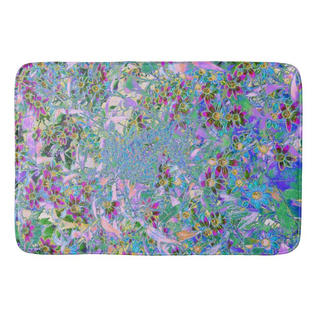 Alfombrilla De Baño Púrpura Retro, Flores salvajes verdes y azules en  (Anverso)