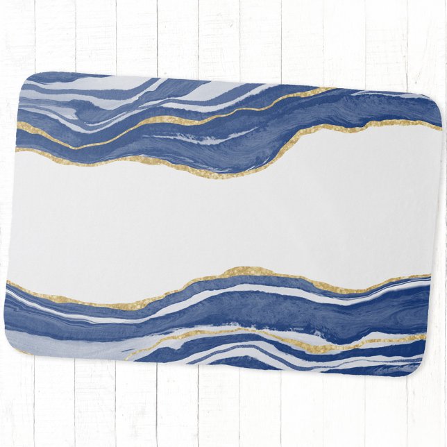 Alfombrilla De Baño Purpurina de oro de Blue Marble Agate (Blue and white watercolor agate marble geode bath mat)
