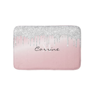 Alfombrilla De Baño Purpurina Monogramo Metálico Rosa y Platino