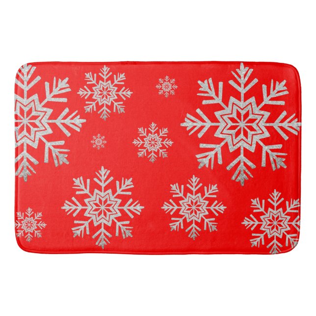 Alfombrilla De Baño Purpurina Plata Faux Rojo Snowflake Bath Mat (Anverso)