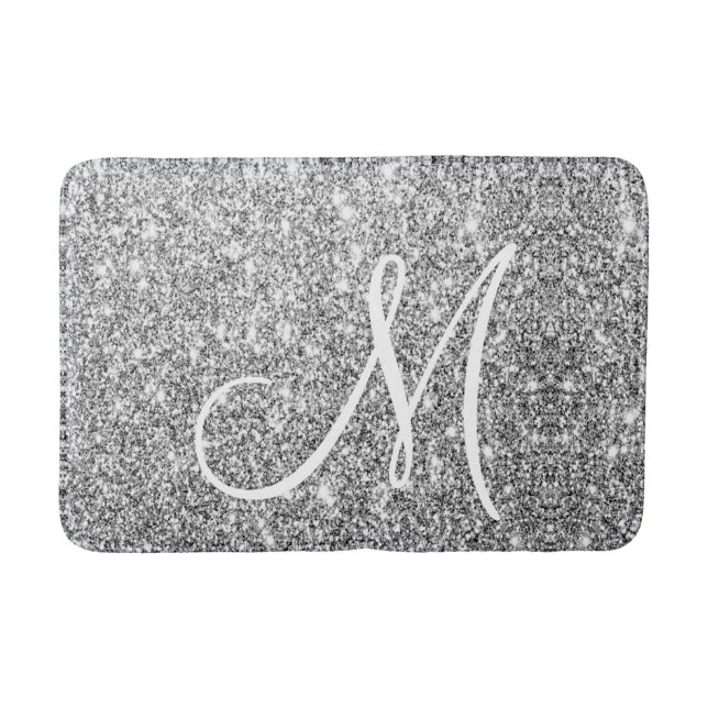 Alfombrilla De Baño Purpurina plateado Personalizado elegante Monogram (Anverso)