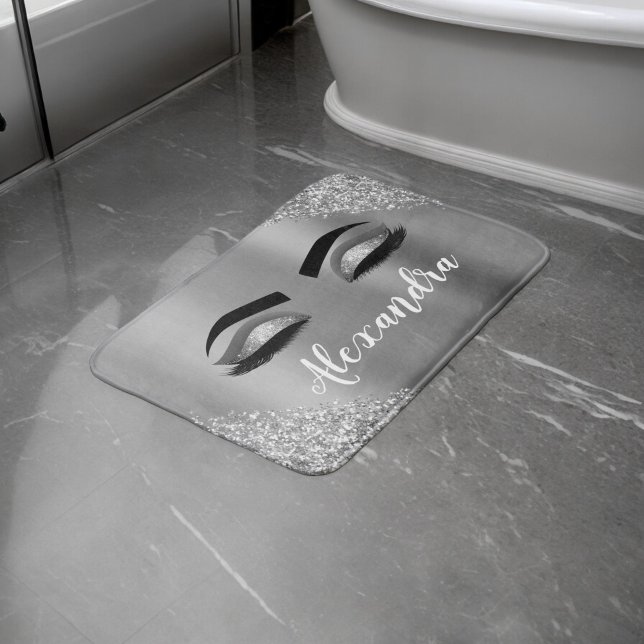 Alfombrilla De Baño Purpurina plateado Sparkle Eyelashes Monograma Nom (Subido por el creador)