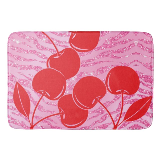 Alfombrilla De Baño Purpurina Rojo Rosa Cerezas de cebra (Anverso)