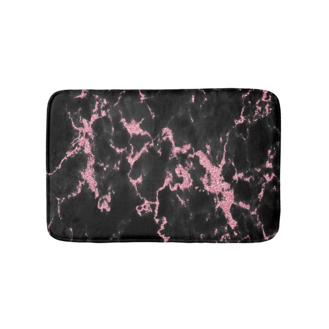 Alfombrilla De Baño Purpurina Rosa En Fondo Negro (Anverso)