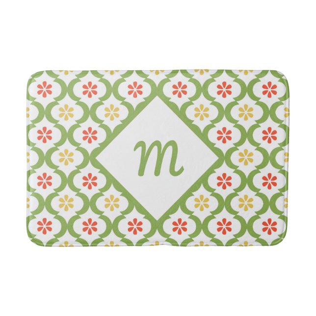 Alfombrilla De Baño Quatrefoil verde Girly Cute Daisies y Monograma (Anverso)