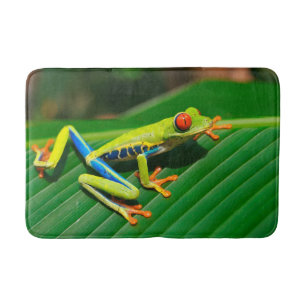 Alfombrilla De Baño Rana arbórea rojo-observada verde tropical de la