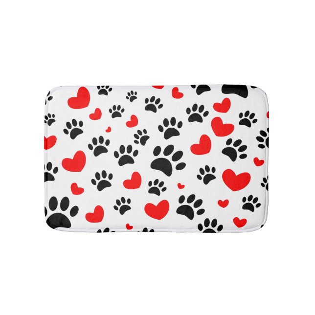 Alfombrilla De Baño Random Dog Paw Prints And Red Hearts Canine Art (Anverso)