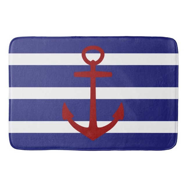 Alfombrilla De Baño Raya azul y blanca náutica con el ancla roja (Anverso)