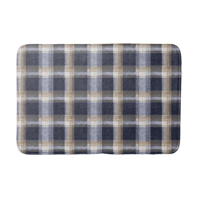Alfombrilla De Baño Rayas de Cuadro de Crema Azul (Anverso)