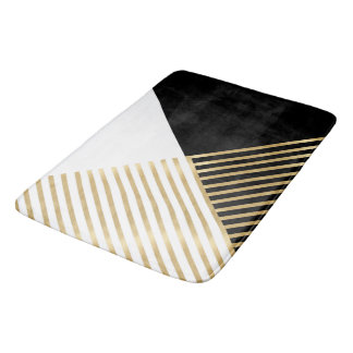 Alfombrilla De Baño Rayas Doradas Geométricas Blanco Negro Moderno