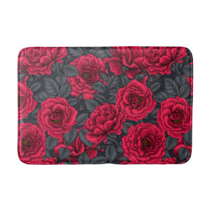 Alfombrilla De Baño Red roses with gray leaves on black