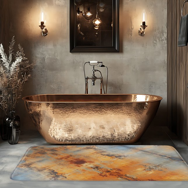 Alfombrilla De Baño Resumen industrial Terra Cotta Gris azul (Abstract industrial design bath mat in blue grey with terra cotta colors.)