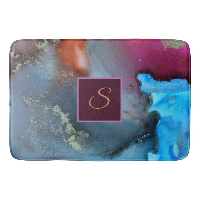 Alfombrilla De Baño Resumen Naranja azul Olas rojas Monograma (Anverso)