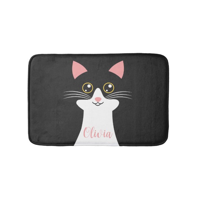 Alfombrilla De Baño Retrato de gato negro de Cute Mid Century (Anverso)