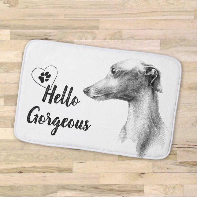 Alfombrilla De Baño Retrato italiano de perro de Greyhound Hola texto  (Subido por el creador)