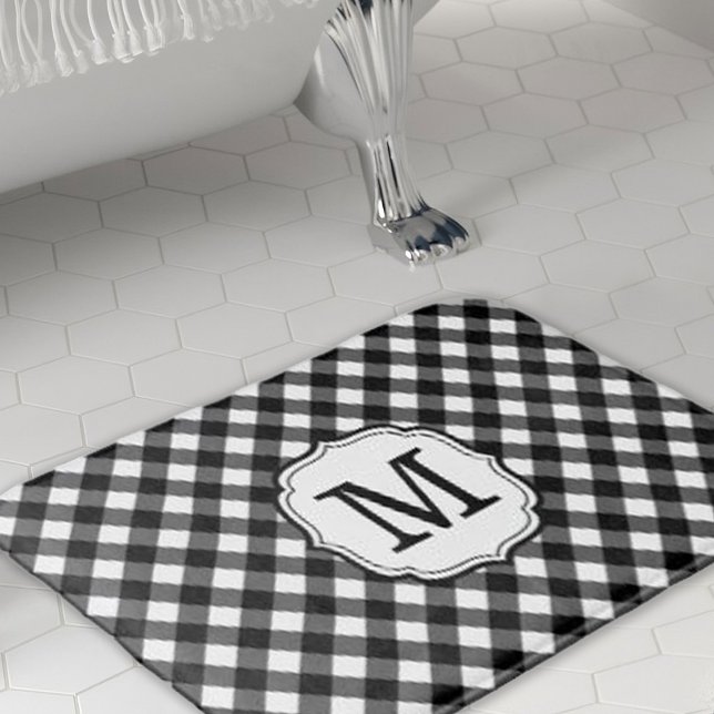 Alfombrilla De Baño Retro Elagant Personalized Gingham Bath Mat (retro elegant personalized black and white gingham check bath mat)