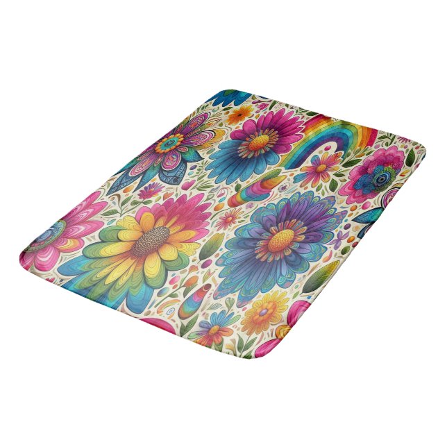 Alfombrilla De Baño Retro Floral Hippie Arcoíris (Angular)