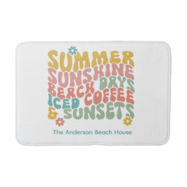 Alfombrilla De Baño Retro Groovy Summer Pink Monograma Nombre