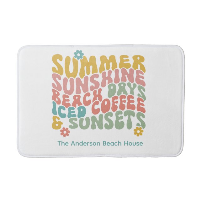 Alfombrilla De Baño Retro Groovy Summer Pink Monograma Nombre (Anverso)