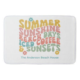 Alfombrilla De Baño Retro Groovy Summer Pink Monograma Nombre