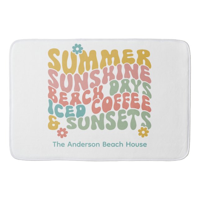 Alfombrilla De Baño Retro Groovy Summer Pink Monograma Nombre (Anverso)