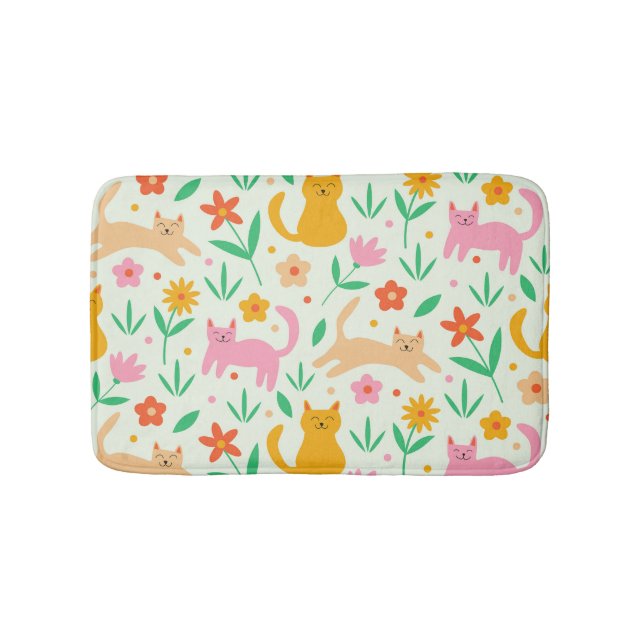 Alfombrilla De Baño Retro Happy Cats with Orange Red and peach flowers (Anverso)