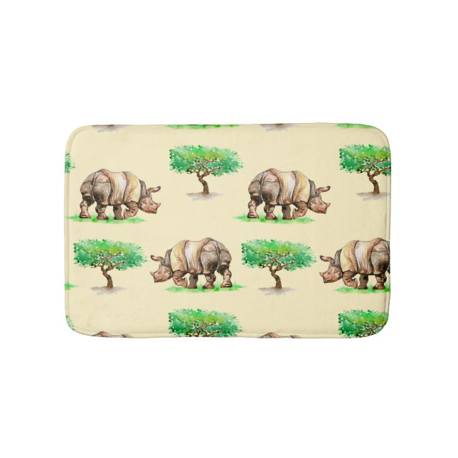 Alfombrilla De Baño Rinoceronte acuarela: Patrón pintado a mano. (Anverso)