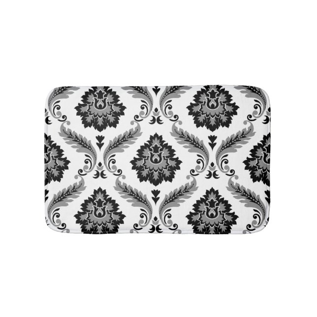 Alfombrilla De Baño Rococo Damask Patrón Grande Gris Negro Blanco (Anverso)