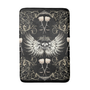 Alfombrilla De Baño Romance Gótico Victoriano Cráneo Alas y Rosas Blan