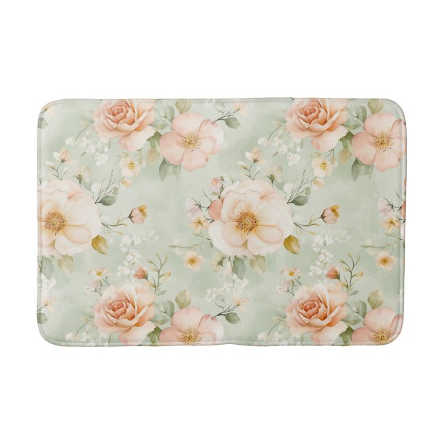 Alfombrilla De Baño Romantic Peach Mint Pretty Roses Floral (Anverso)