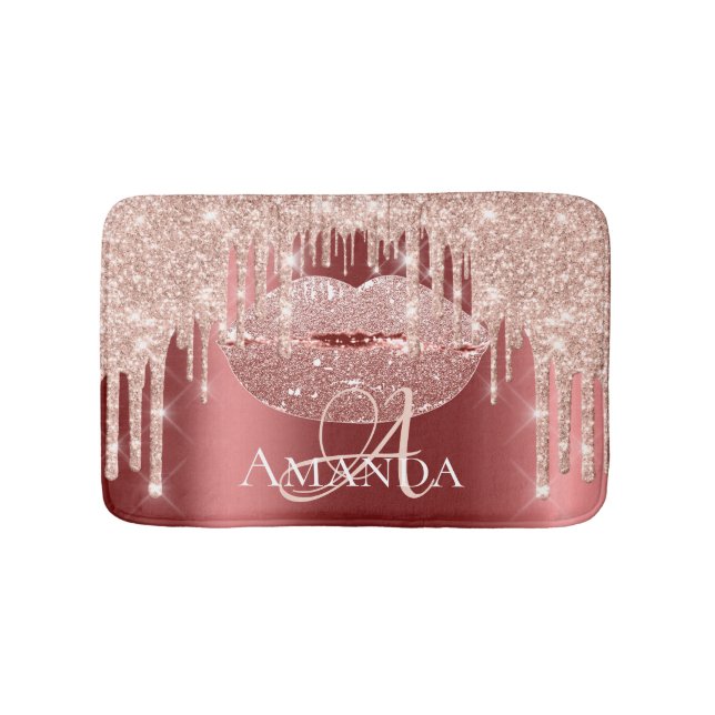 Alfombrilla De Baño Rosa Borgoña Purpurina Nombre Monograma Maquillaje (Anverso)