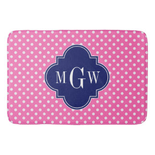 Alfombrilla De Baño Rosa Caliente Polka Dots Navy Quatrefoil 3 Monogra
