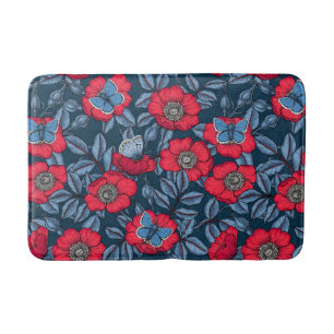Alfombrilla De Baño Rosa de perro y mariposas en azul y rojo
