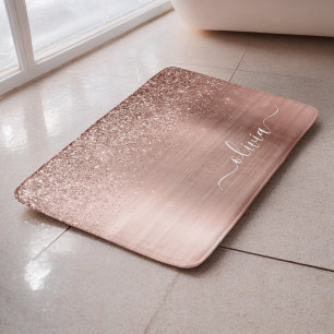 Alfombrilla De Baño Rosa Dorado Metal Brillado Purpurina Monograma