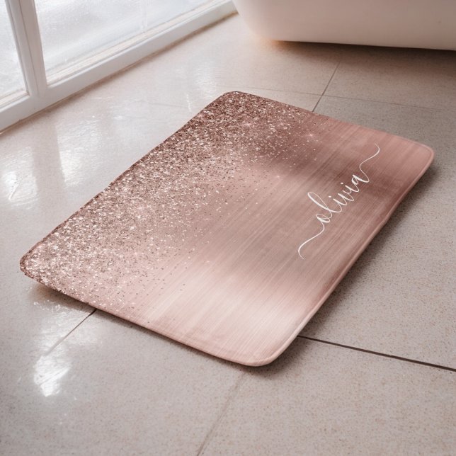 Alfombrilla De Baño Rosa Dorado Metal Pulido Brillo Monograma (Subido por el creador)