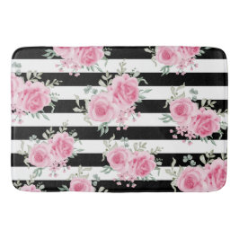 Alfombrilla De Baño Rosa floral rosa bonito Bandas negras