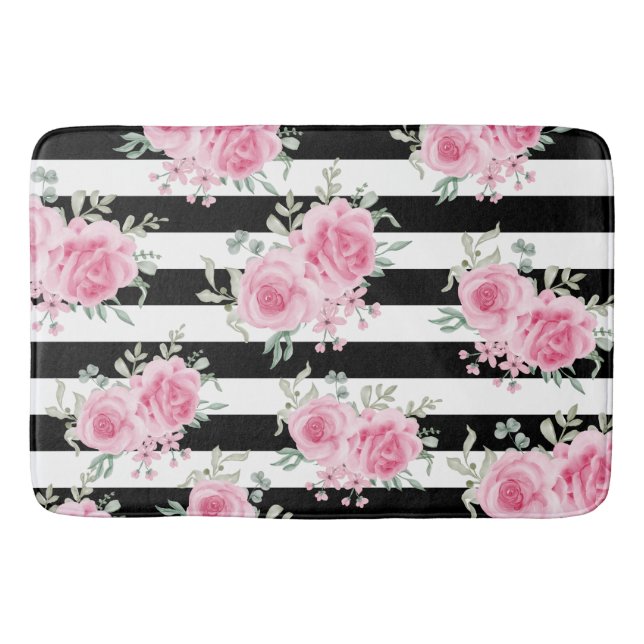 Alfombrilla De Baño Rosa floral rosa bonito Bandas negras (Anverso)