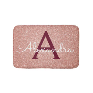 Alfombrilla De Baño Rosa Purpurina de espuma dorada Monograma Nombre e