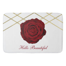 Alfombrilla De Baño Rosa Roja y Líneas Doradas Floral Chic Glam Elegan